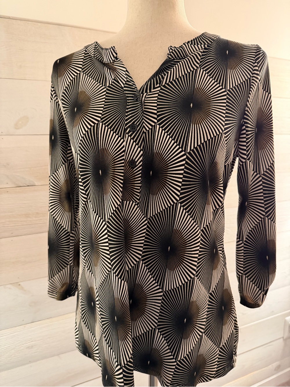 Carolyn Taylor Black and White Geometric Henley Blouse
